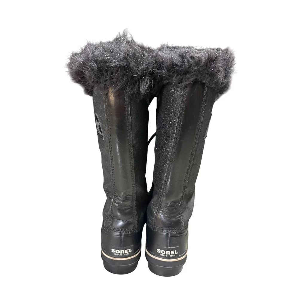 Sorel Tofino Snow Boots Women 8 Black Sparkle Waterproof Faux Fur Trim EUC